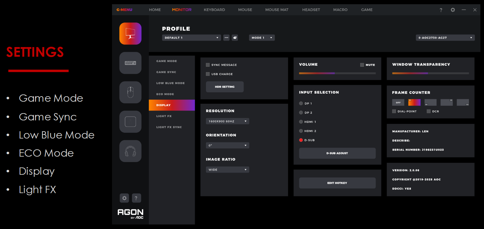 Die AOC G-Menu Software bietet auch für Monitore vielfältige Einstellmöglichkeiten (Bildquelle: AOC).