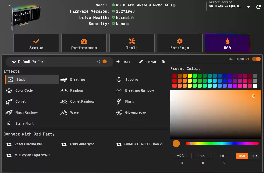 Mit dem WD_BLACK Dashboard kann man unter anderem die RGB-Beleuchtung konfigurieren (Bild: Western Digital).